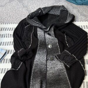 Black & Gray Hooded Knit Cardigan with Lace Trim